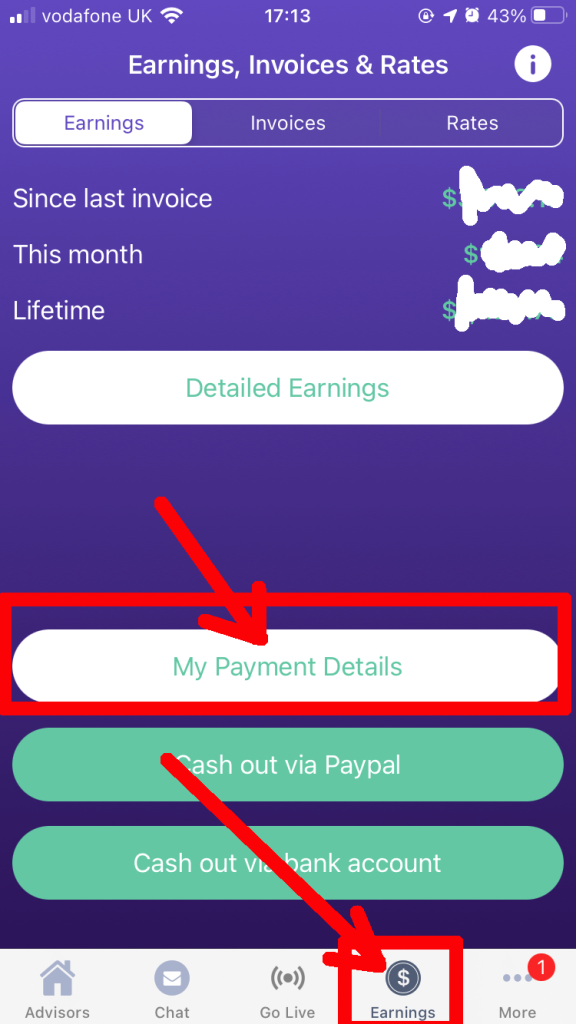 Live Psychic Chat Mobile App - My Payment Details